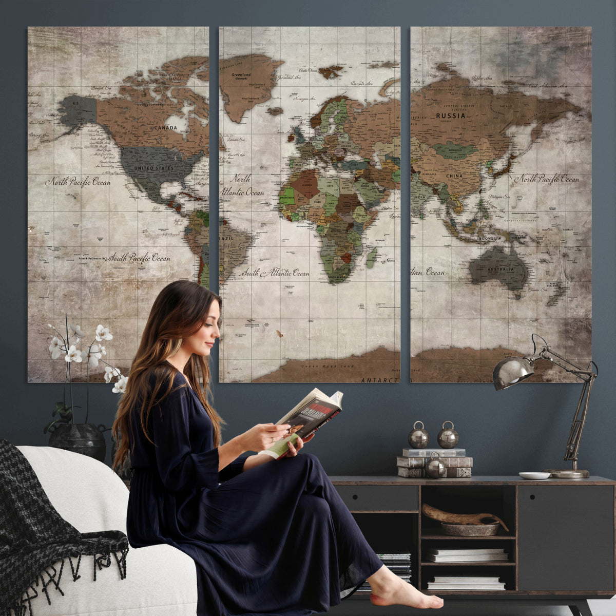 65393892-MGV-CV-36X24 - World Map Wall Art Canvas Print, Modern Decorative Framed Map Artwork Prints for Living Room, Office, Bedroom Wall Decor
