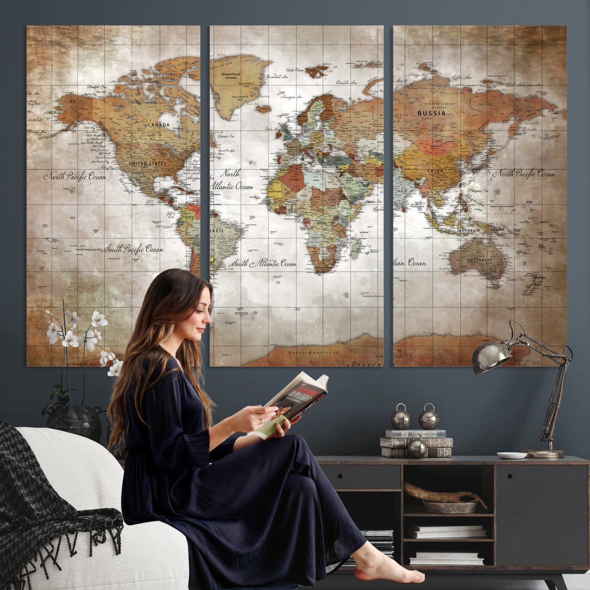 51643807-MGV-CV-36X24 - World Map Wall Art Canvas Print, Modern Decorative Framed Map Artwork Prints for Living Room, Office, Bedroom Wall Decor