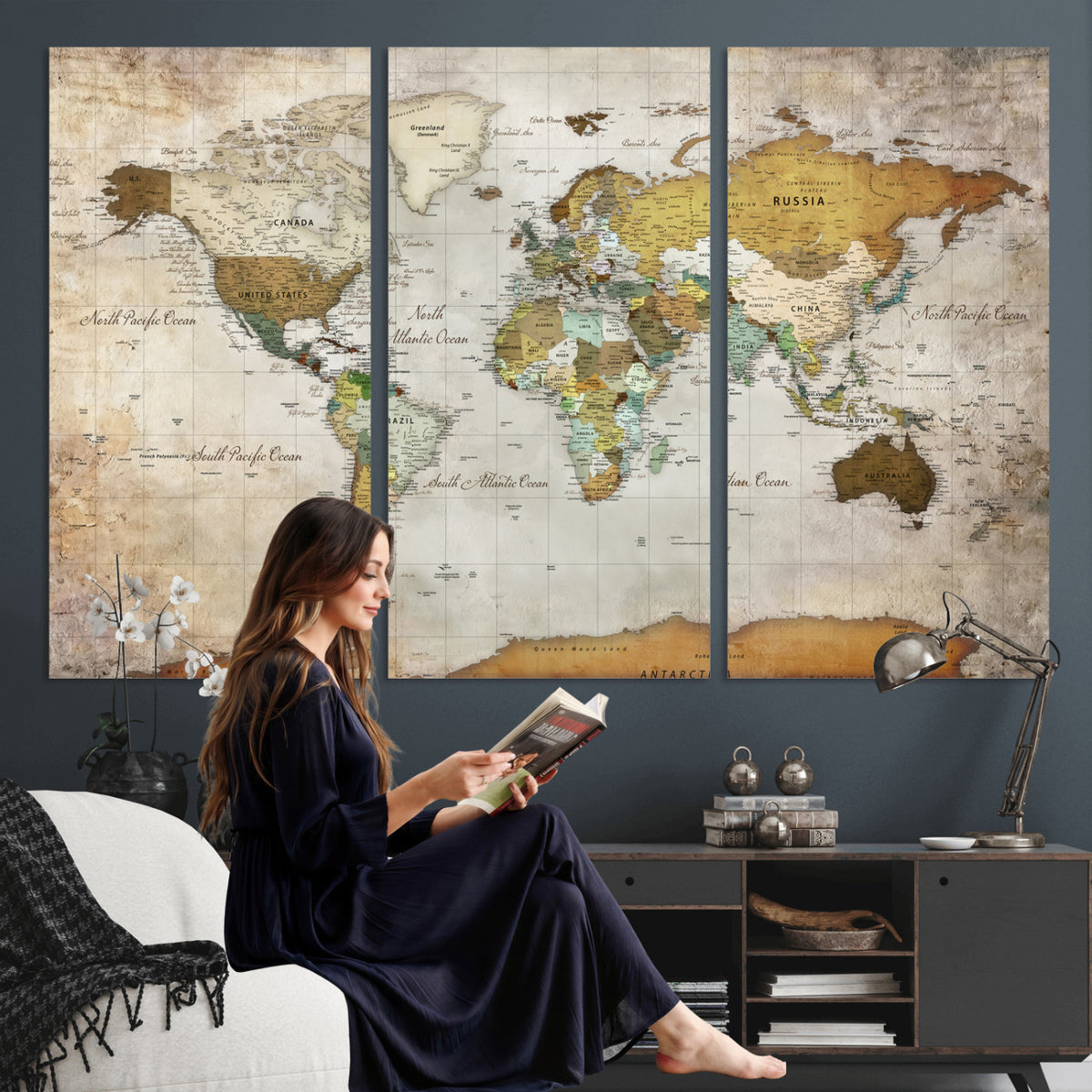 86108417-MGV-CV-36X24 - World Map Wall Art Canvas Print, Modern Decorative Framed Map Artwork Prints for Living Room, Office, Bedroom Wall Decor