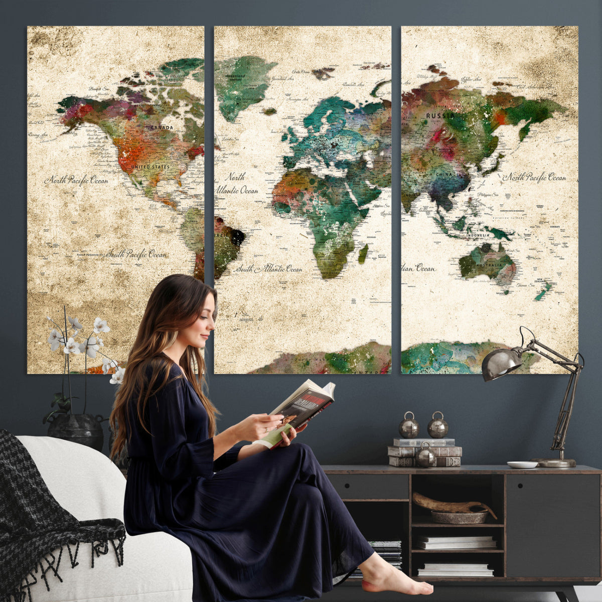 87544591-MGV-CV-36X24 - World Map Wall Art Canvas Print, Modern Decorative Framed Map Artwork Prints for Living Room, Office, Bedroom Wall Decor