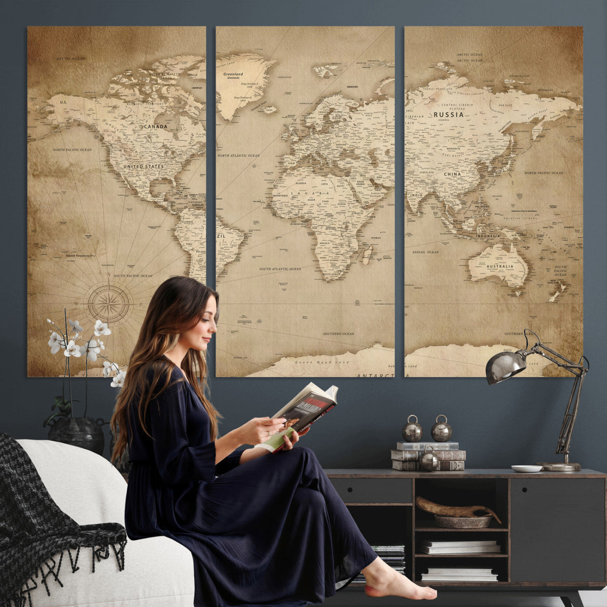34795134-MGV-CV-36X24 - World Map Wall Art Canvas Print, Modern Decorative Framed Map Artwork Prints for Living Room, Office, Bedroom Wall Decor