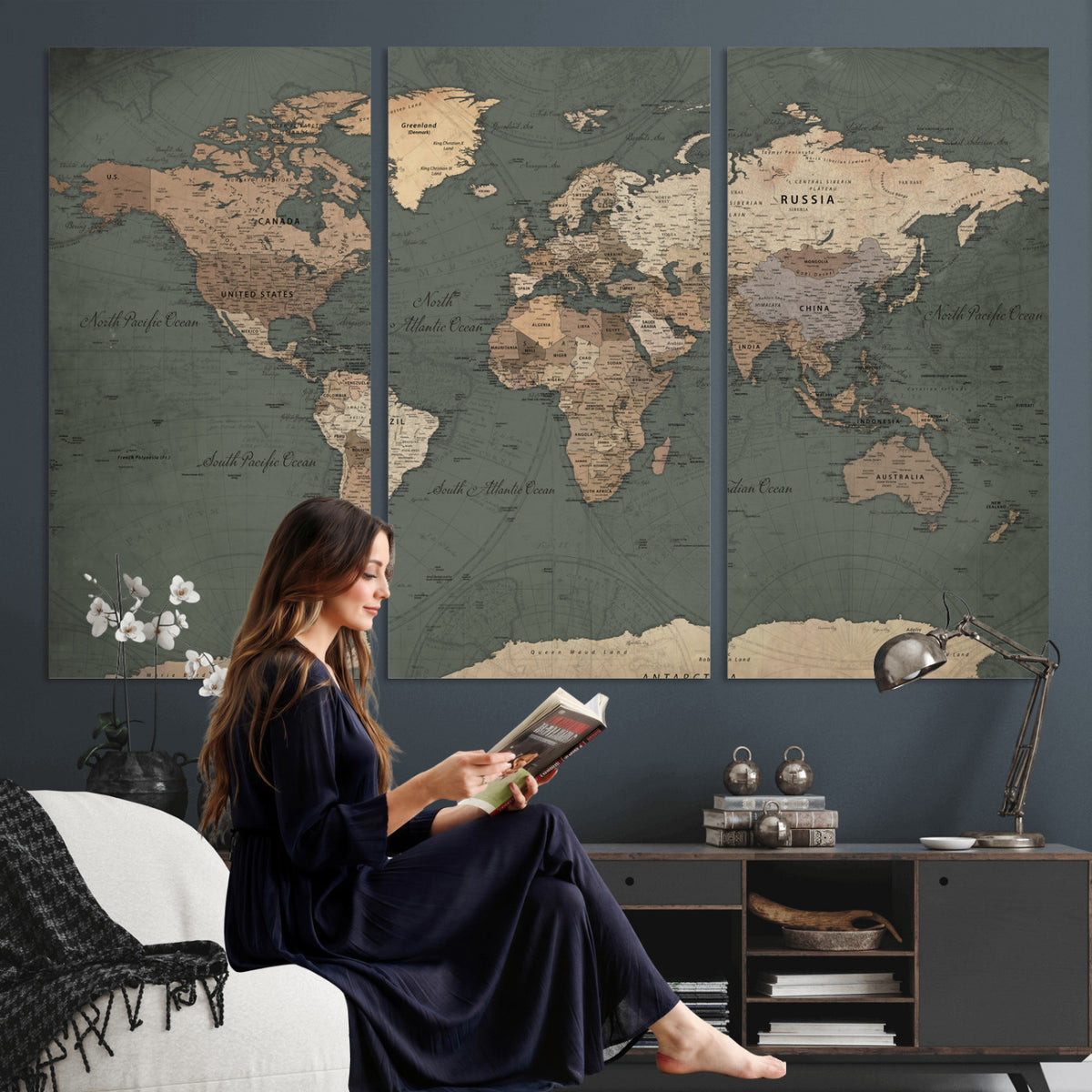 84619399-MGV-CV-36X24 - World Map Wall Art Canvas Print, Modern Decorative Framed Map Artwork Prints for Living Room, Office, Bedroom Wall Decor