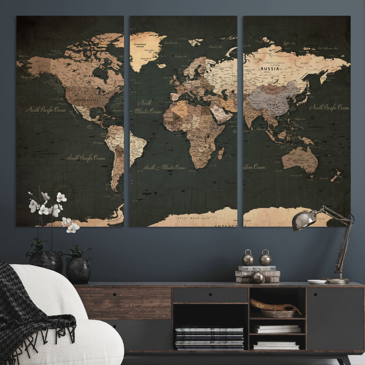 62059333-MGV-CV-36X24 - World Map Wall Art Canvas Print, Modern Decorative Framed Map Artwork Prints for Living Room, Office, Bedroom Wall Decor