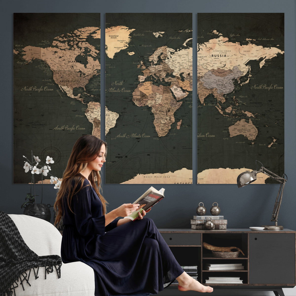 62059333-MGV-CV-36X24 - World Map Wall Art Canvas Print, Modern Decorative Framed Map Artwork Prints for Living Room, Office, Bedroom Wall Decor