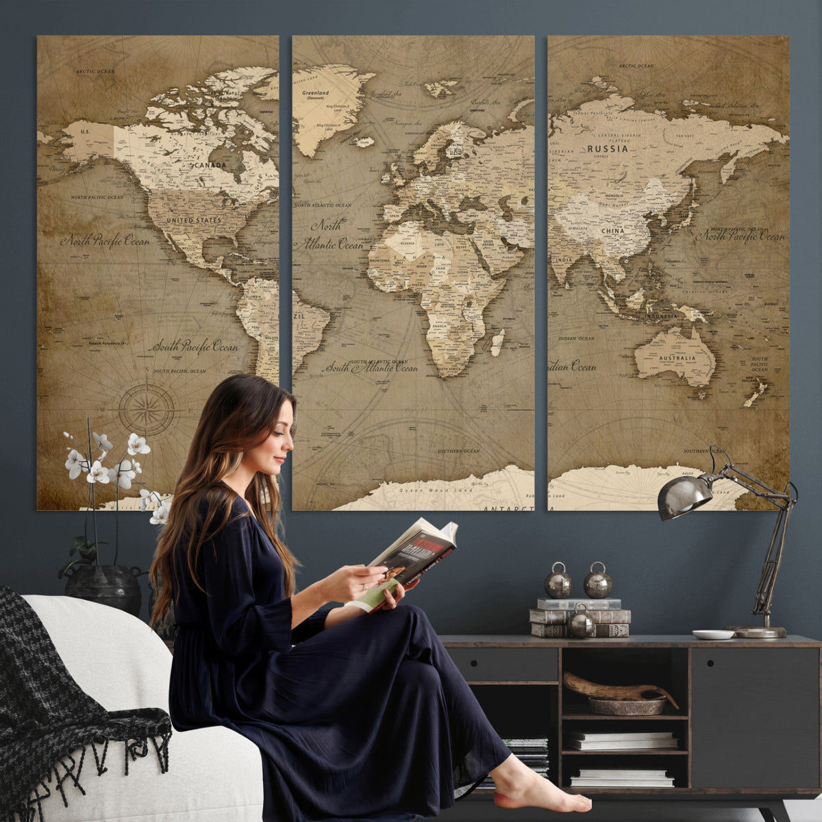82314635-MGV-CV-36X24 - World Map Wall Art Canvas Print, Modern Decorative Framed Map Artwork Prints for Living Room, Office, Bedroom Wall Decor