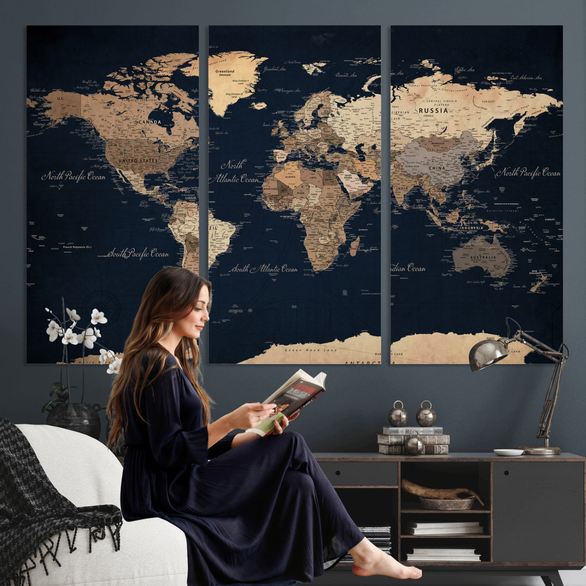 53971530-MGV-CV-36X24 - World Map Wall Art Canvas Print, Modern Decorative Framed Map Artwork Prints for Living Room, Office, Bedroom Wall Decor