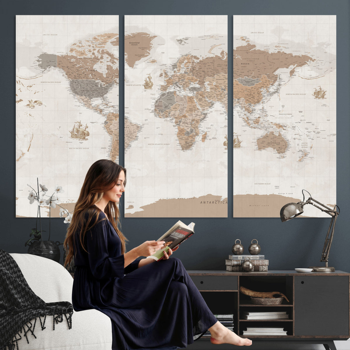 85057279-MGV-CV-36X24 - Framed Large World Map Canvas Print for Office Decor