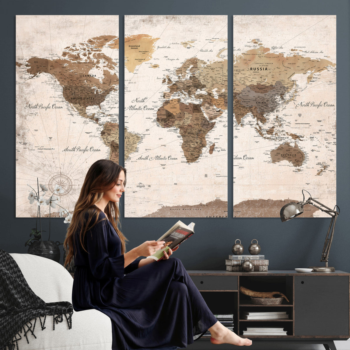 38923639-MGV-CV-36X24 - World Map Wall Art Canvas Print, Modern Decorative Framed Map Artwork Prints for Living Room, Office, Bedroom Wall Decor