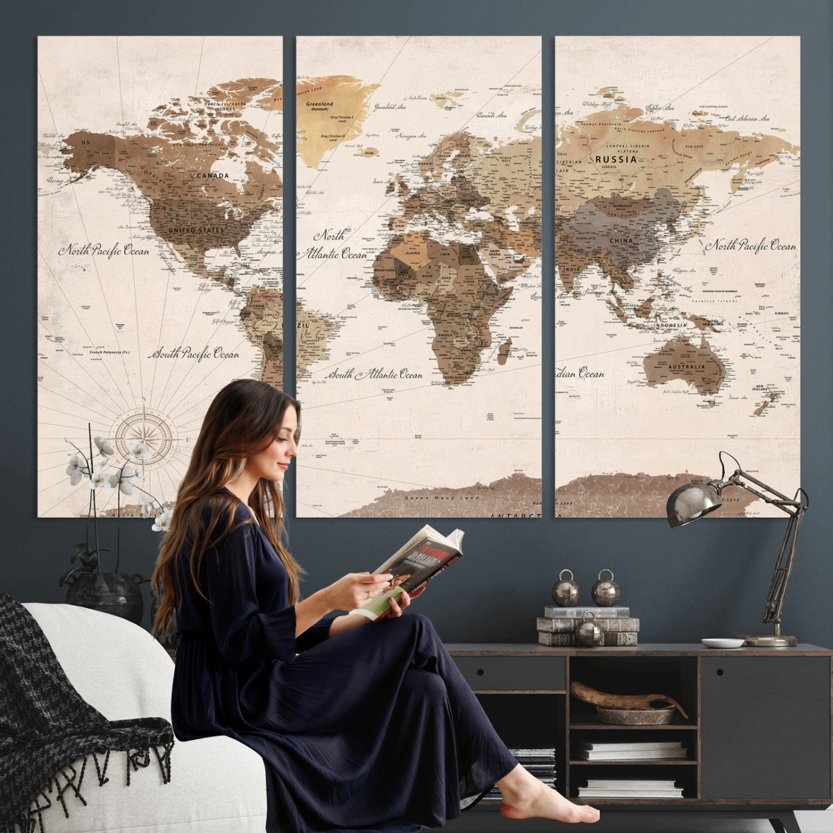 69860078-MGV-CV-36X24 - World Map Wall Art Canvas Print, Modern Decorative Framed Map Artwork Prints for Living Room, Office, Bedroom Wall Decor