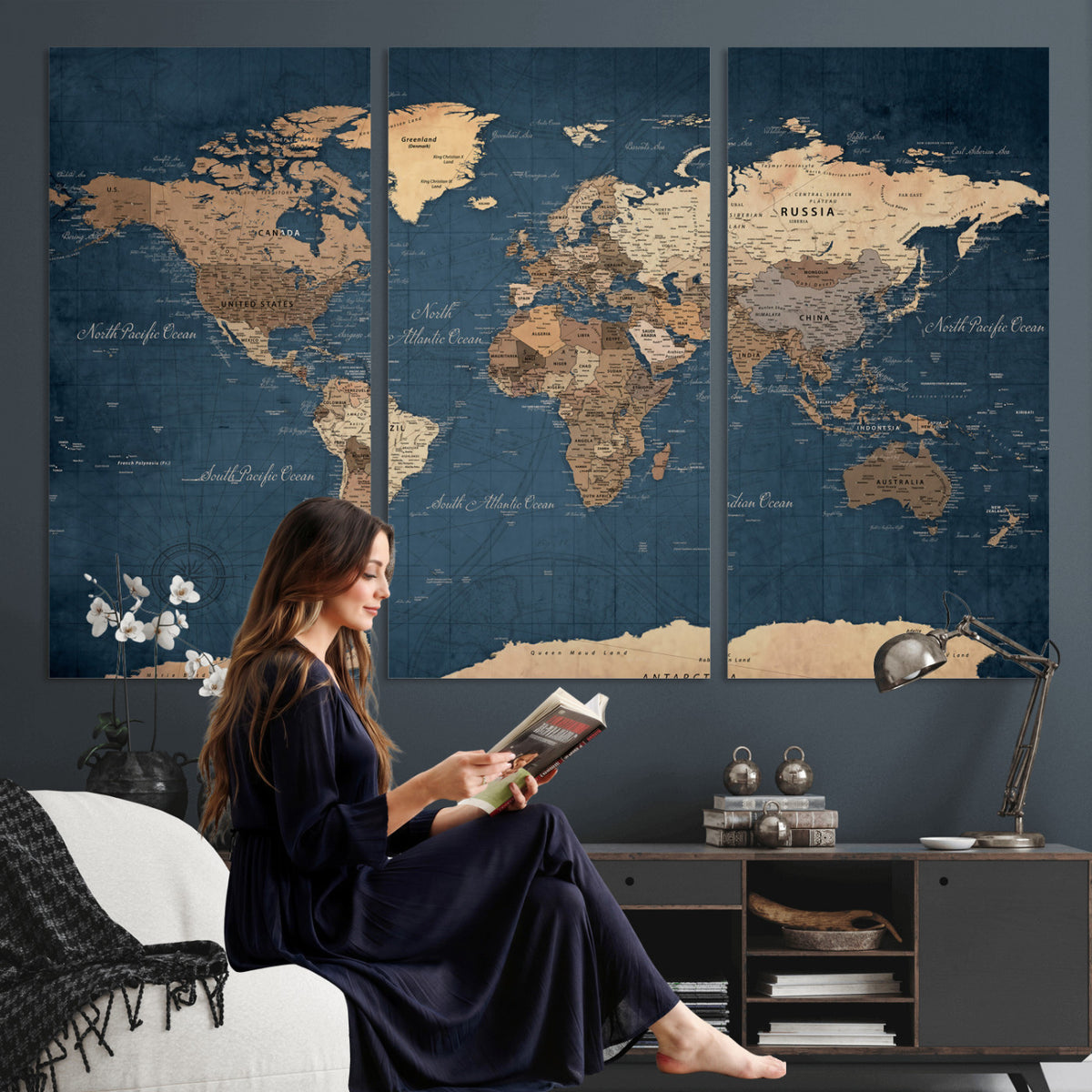 69886352-MGV-CV-36X24 - World Map Wall Art Canvas Print, Modern Decorative Framed Map Artwork Prints for Living Room, Office, Bedroom Wall Decor