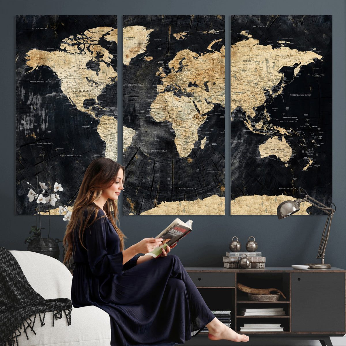 45535041-MGV-CV-36X24 - Framed Large World Map Wall Art Canvas Print for Living Room