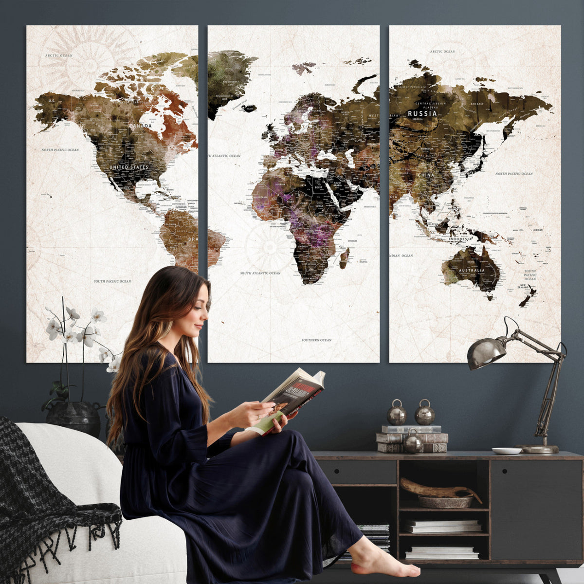 77651968-MGV-CV-36X24 - Watercolor World Map Print - Large Wall Art Canvas Print for