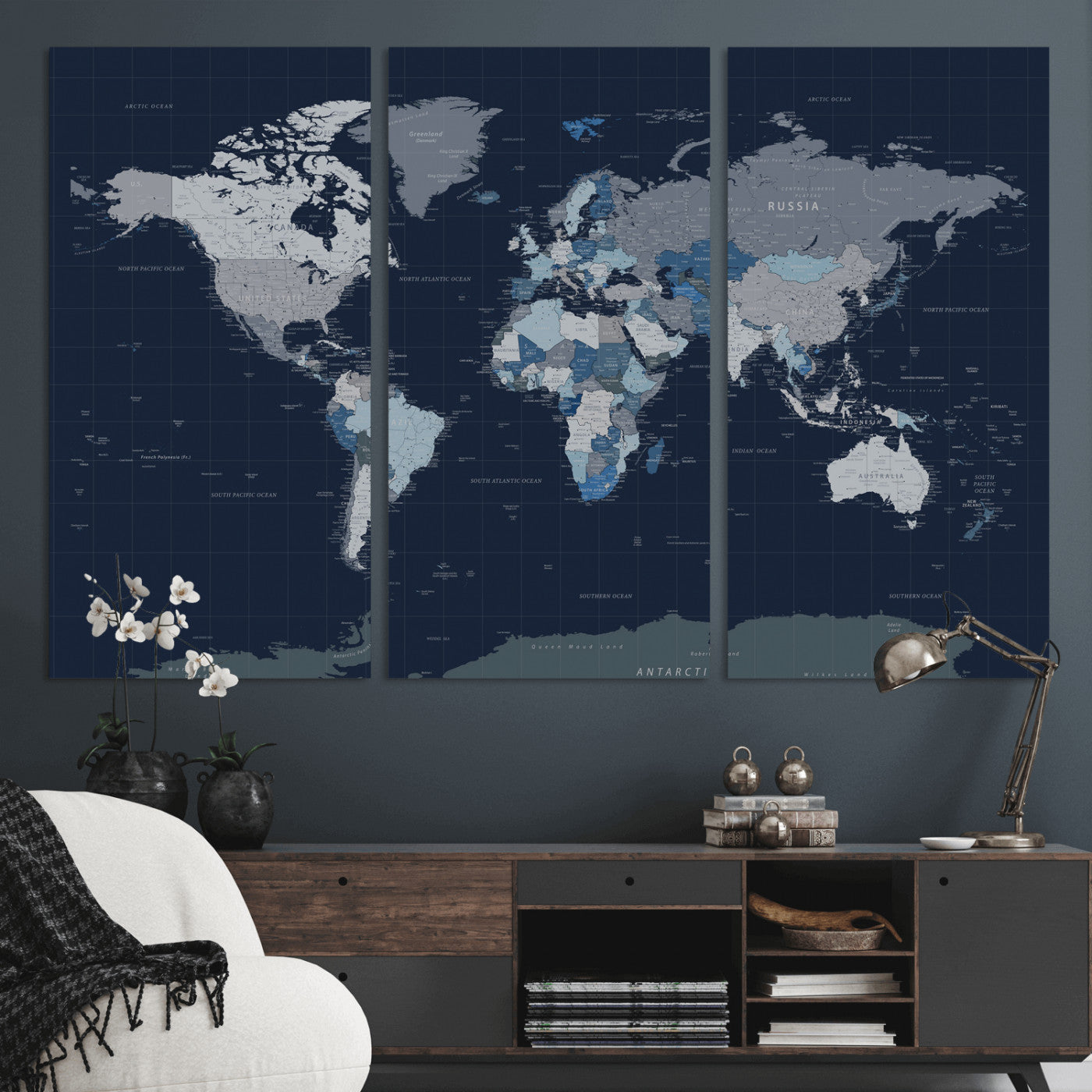 17712680-MGV-CV-36X24 - World Map Wall Art Canvas Print, Modern Decorative Framed Map Artwork Prints for Living Room, Office, Bedroom Wall Decor