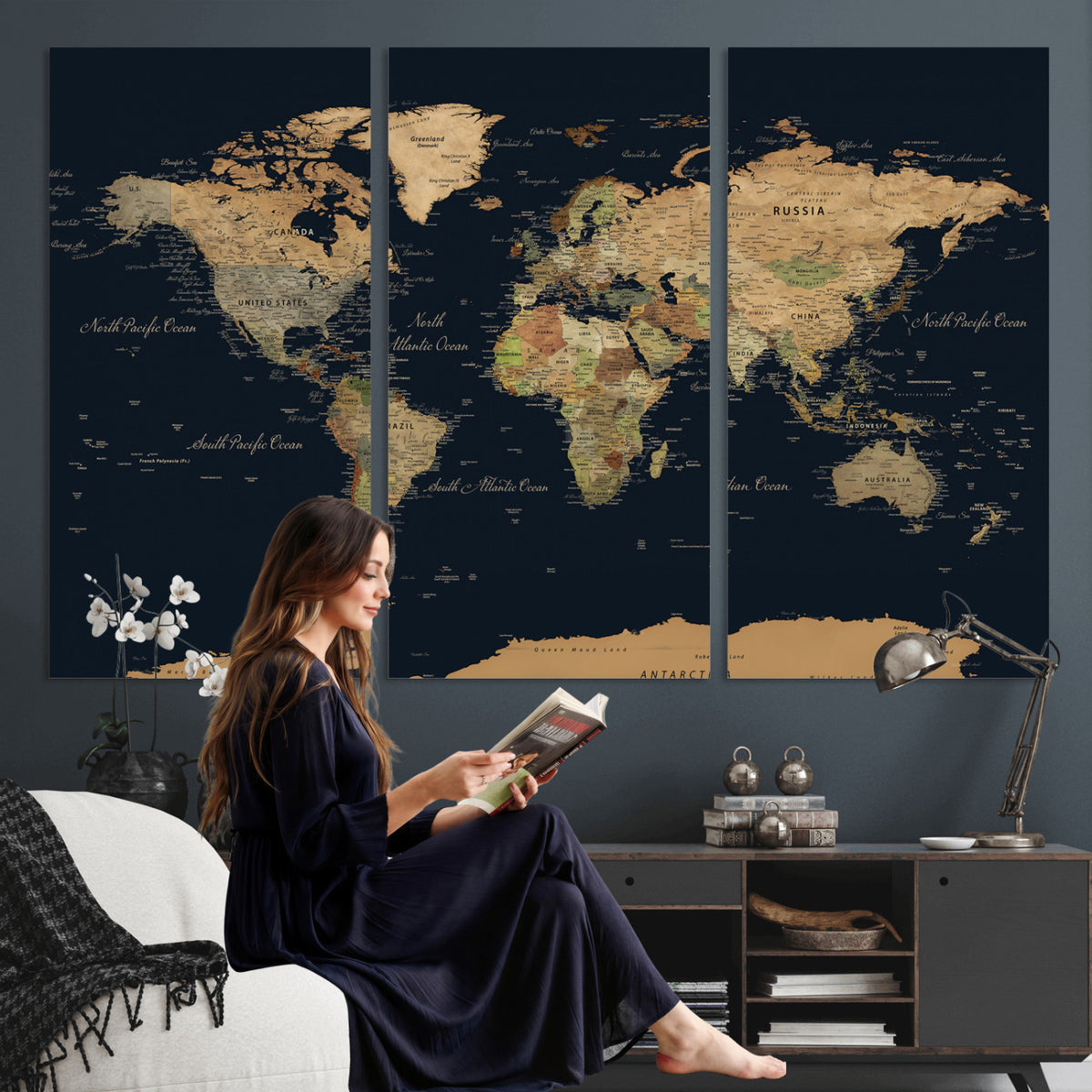94449133-MGV-CV-36X24 - Vintage World Map Canvas on the Dark Background Wall Art