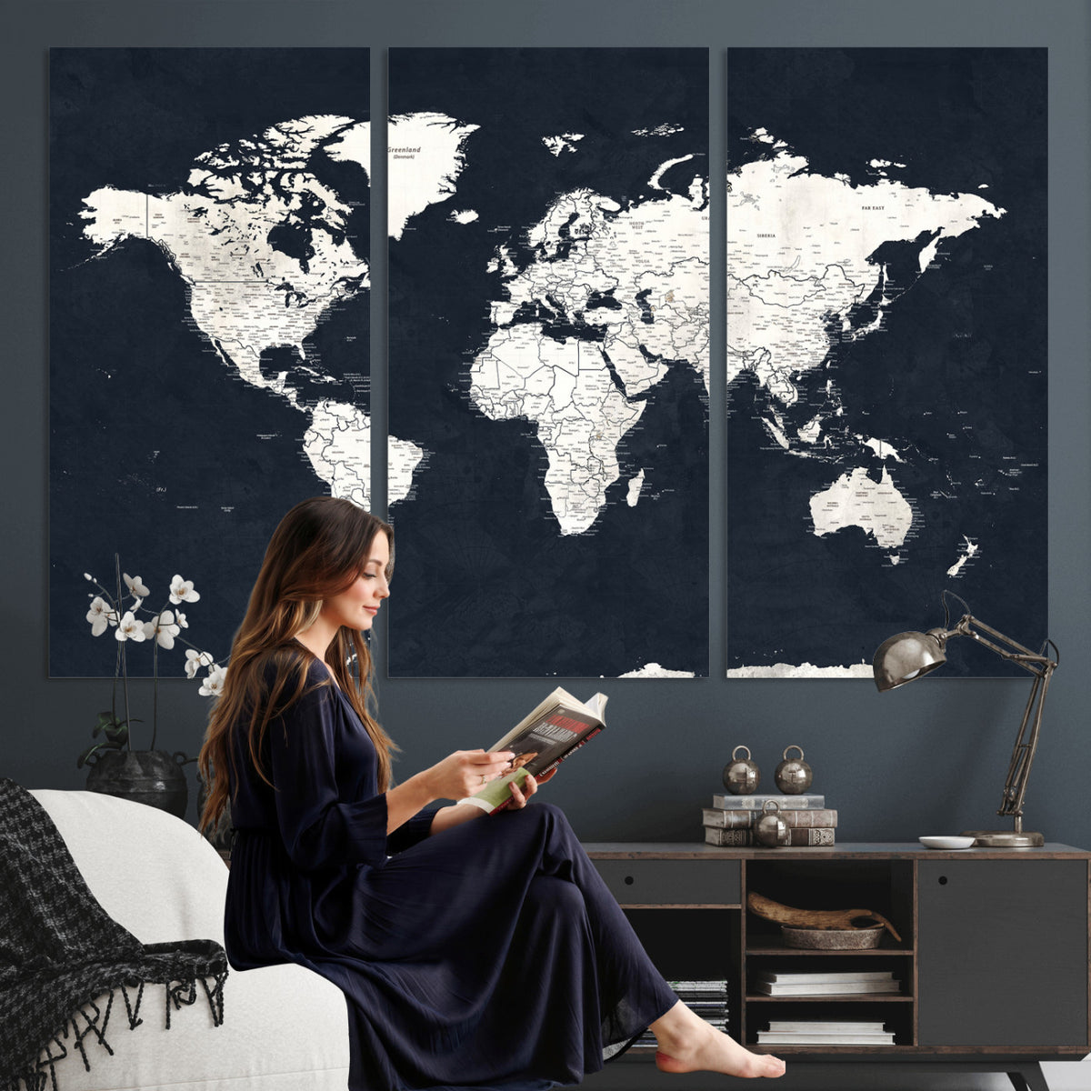 11963807-MGV-CV-36X24 - Black World Map Wall Art Canvas Print for Home Office and Meeting Room Decor