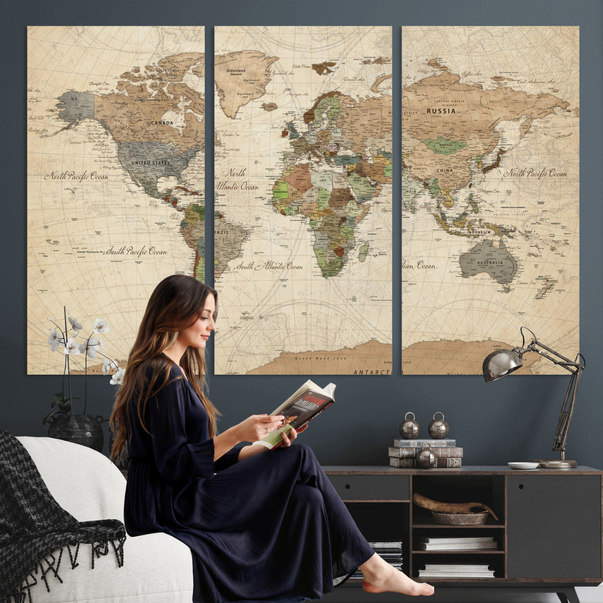 16856902-MGV-CV-36X24 - Vintage World Map Canvas Wall Art - Rustic Grunge Texture