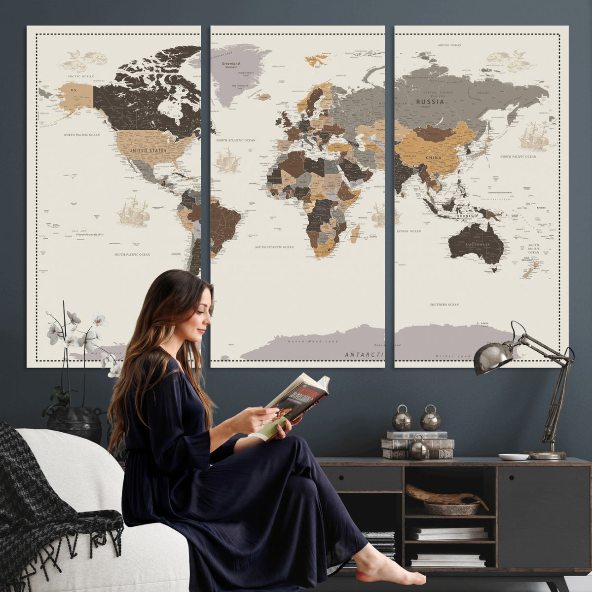 58777746-MGV-CV-36X24 - Custom Beige Modern Push Pin World Map Canvas Print, Places Visited Tracker, Bedroom and Study Decor