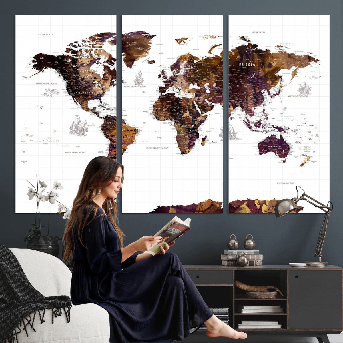 34792695-MGV-CV-36X24 - Rustic World Map Wall Art Canvas Print | Large Vintage Blue World Map on Wood Grain Style Background