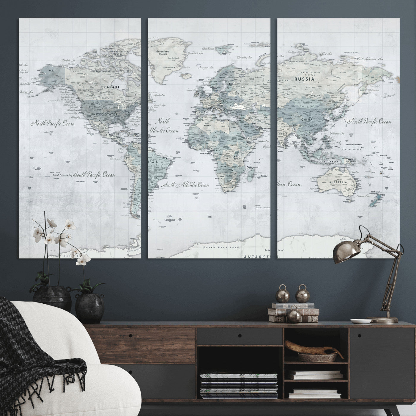 71091917-MGV-CV-36X24 - World Map Wall Art Canvas Print, Modern Decorative Framed Map Artwork Prints for Living Room, Office, Bedroom Wall Decor