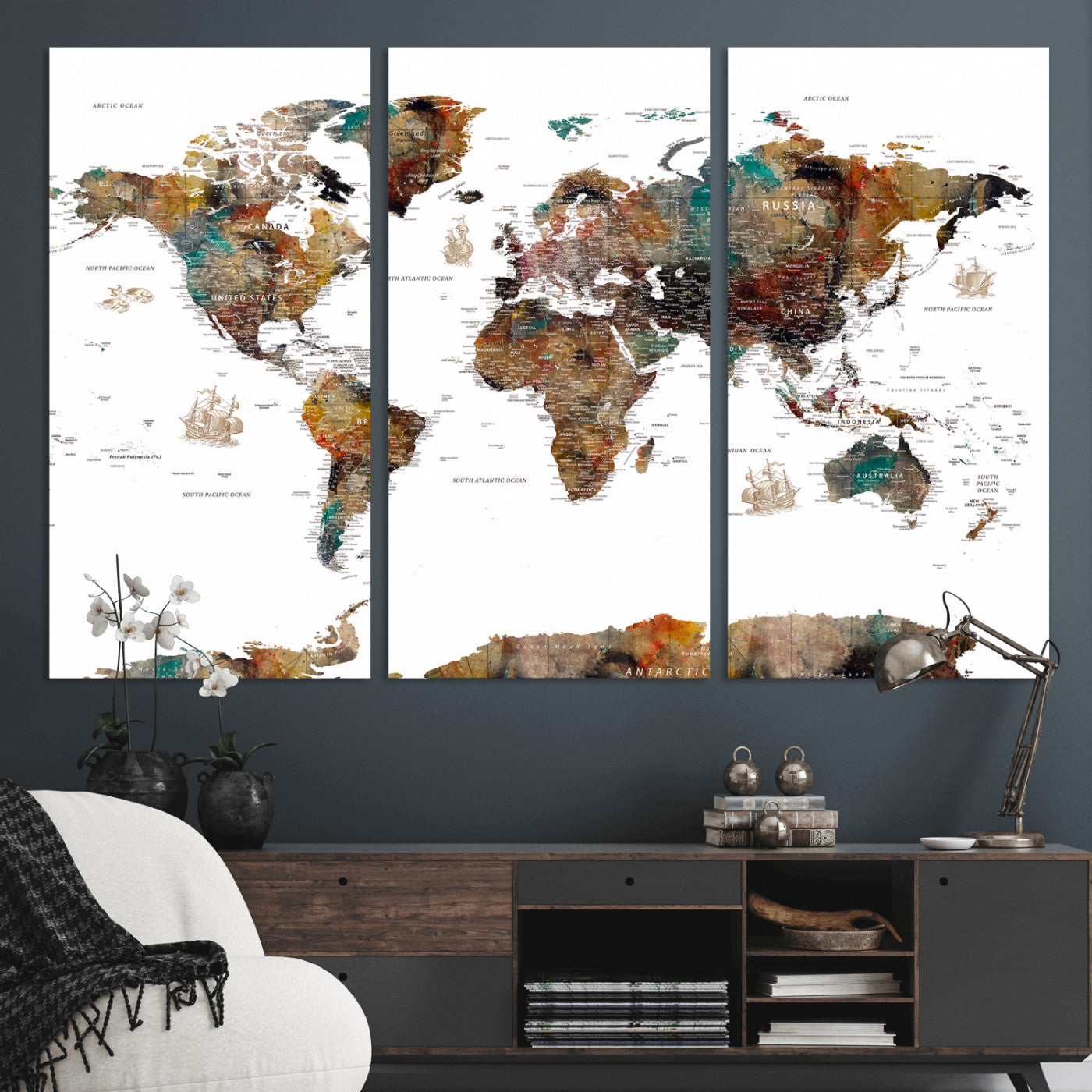 82293175-MGV-CV-36X24 - World Map Wall Art Canvas Print, Modern Decorative Framed Map Artwork Prints for Living Room, Office, Bedroom Wall Decor