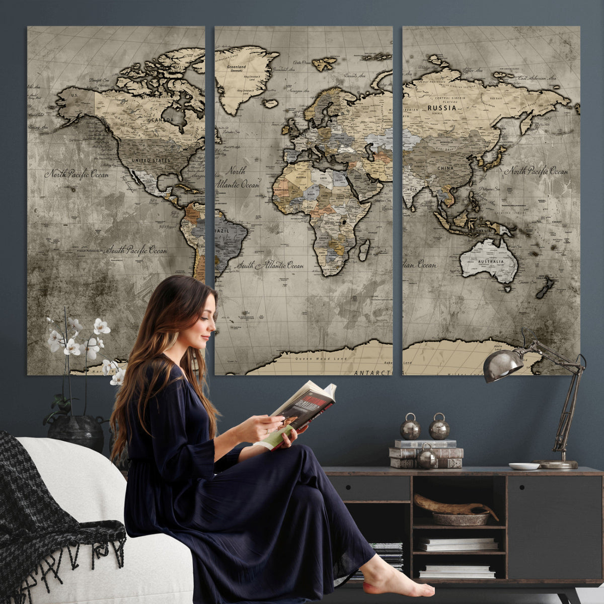 85218700-MGV-CV-36X24 - World Map Canvas Print, Detailed Map of the World Wall Art