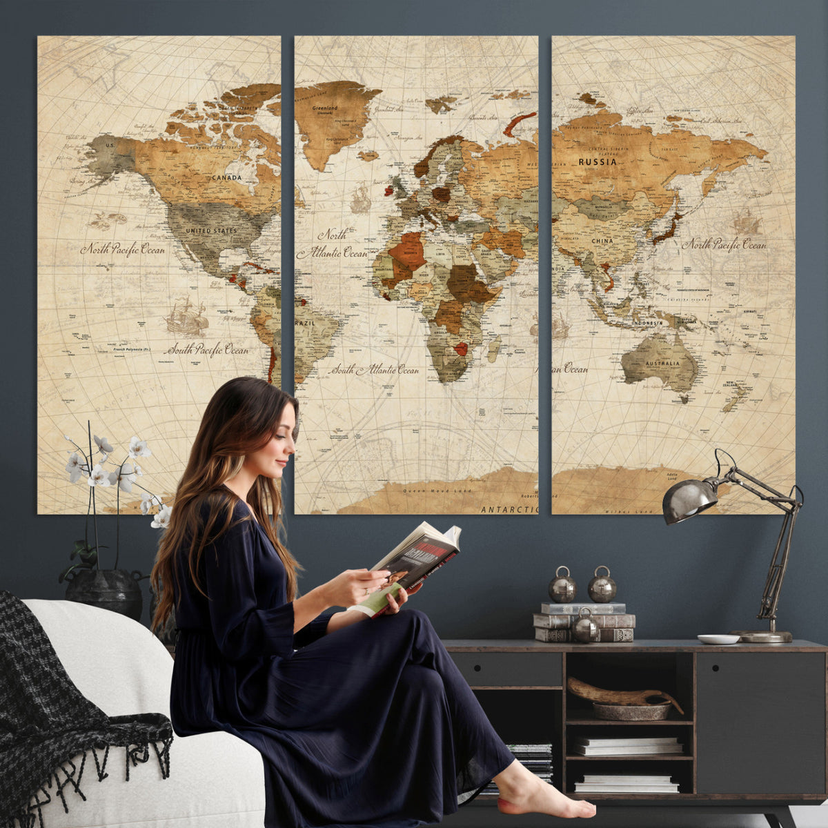 29684537-MGV-CV-36X24 - Vintage World Map Canvas Print, Framed Rustic Detailed Map of the World, Explorer Decor