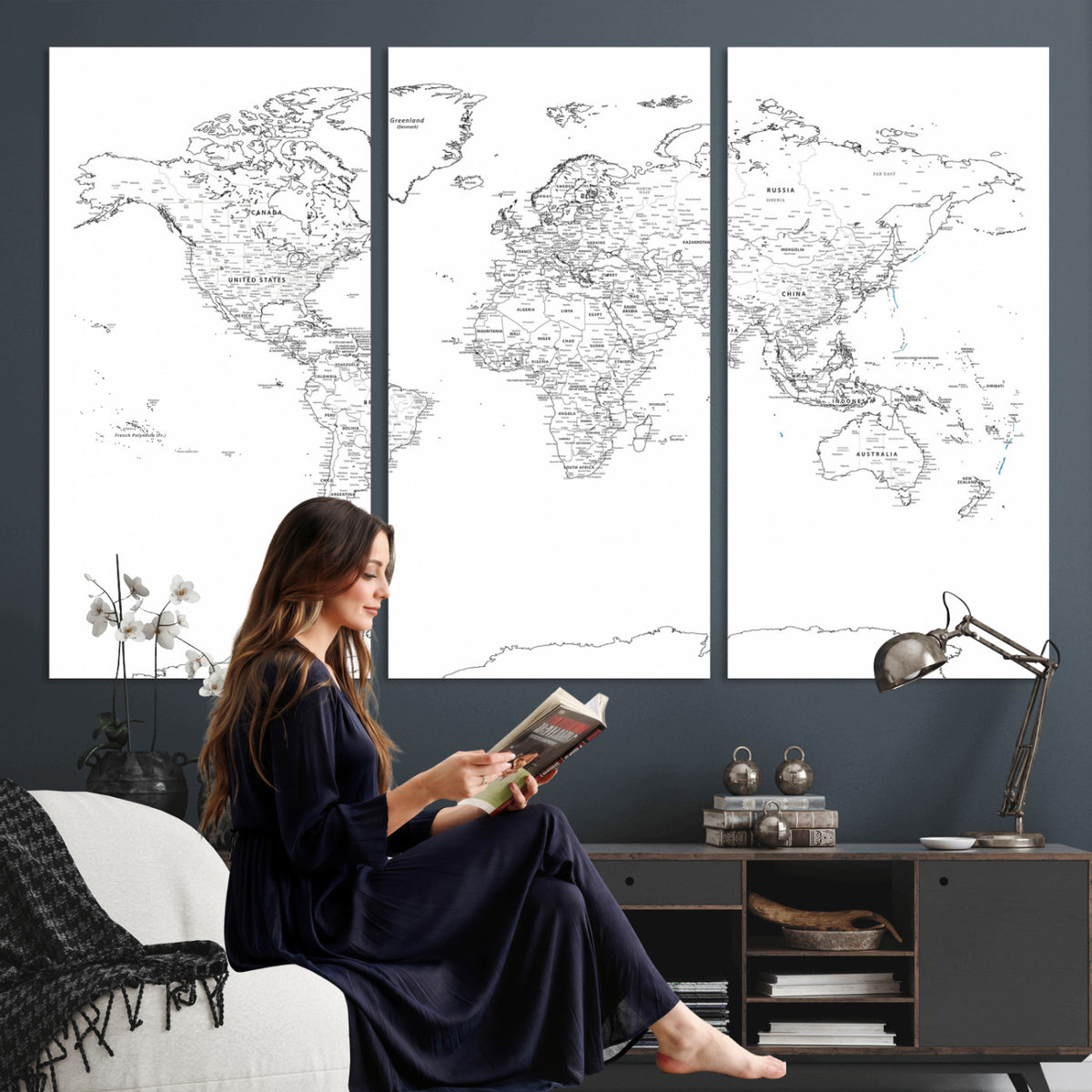 21002736-MGV-CV-36X24 - World Map Canvas Print, Framed Modern Detailed Map of the World for Home or Office