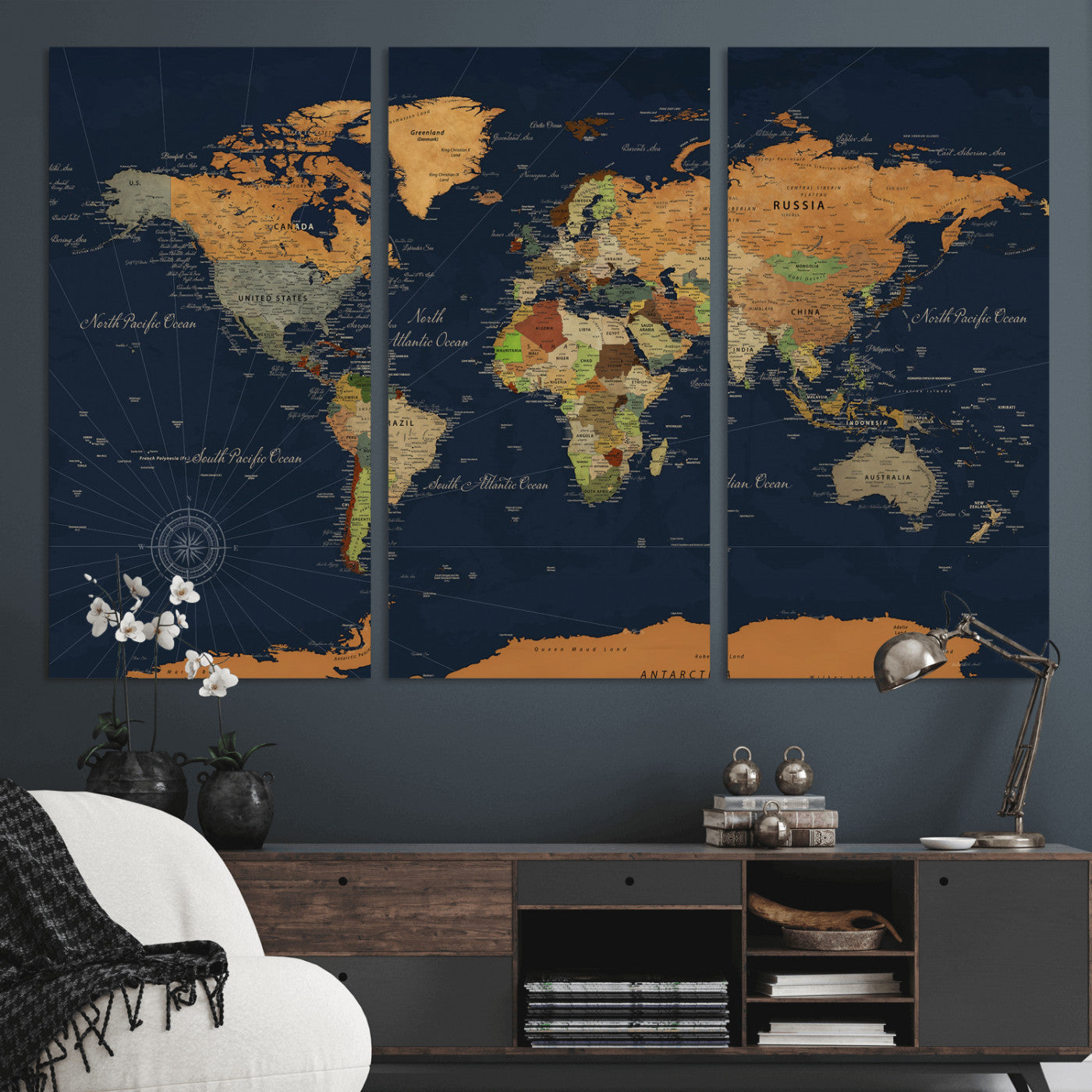 11715182-MGV-CV-36X24 - World Map Wall Art Canvas Print, Modern Decorative Framed Map Artwork Prints for Living Room, Office, Bedroom Wall Decor