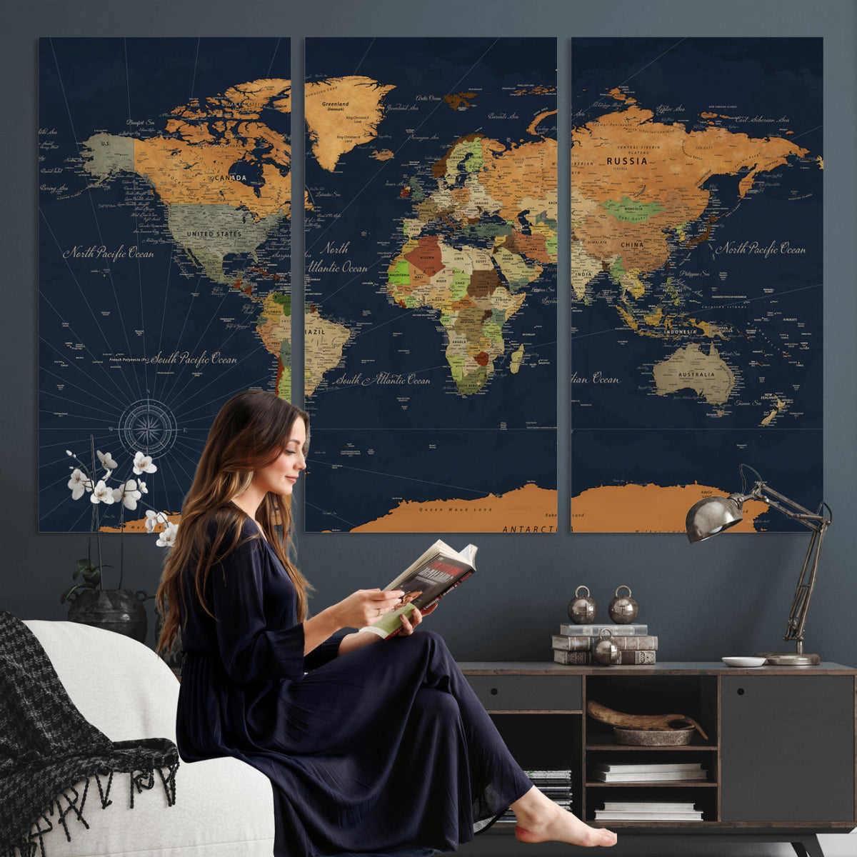 11715182-MGV-CV-36X24 - Modern World Map Canvas Print, Framed Detailed Map of the World Wall Art
