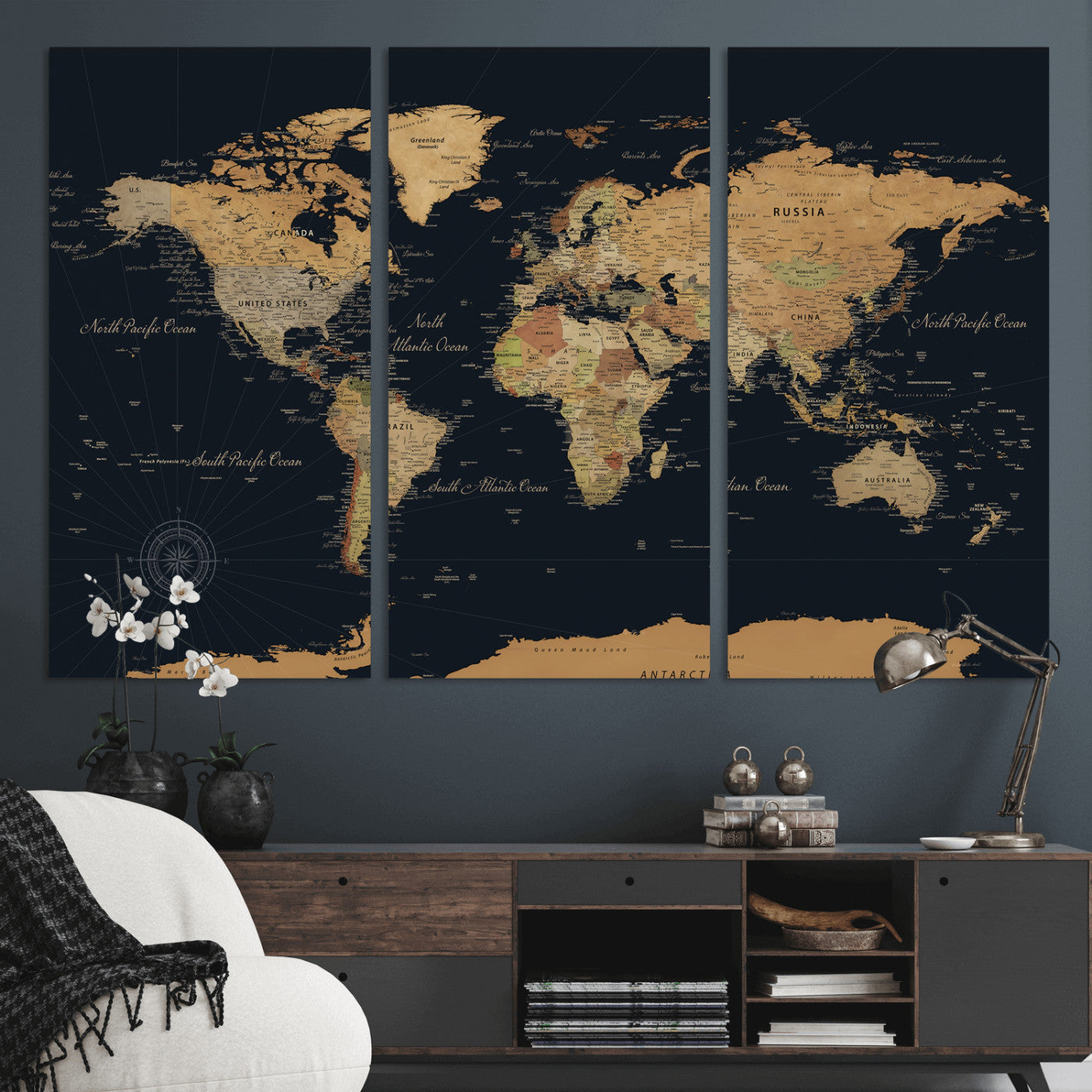 87280374-MGV-CV-36X24 - World Map Wall Art Canvas Print, Modern Decorative Framed Map Artwork Prints for Living Room, Office, Bedroom Wall Decor