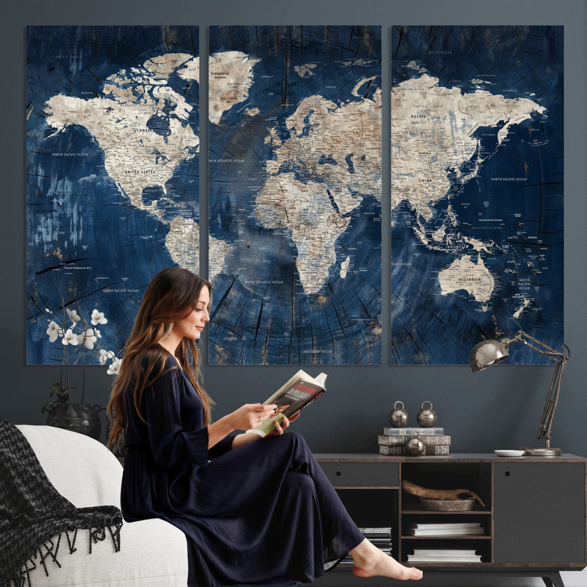 56126010-MGV-CV-36X24 - Large Blue World Map Wall Art Canvas Print for Home Office