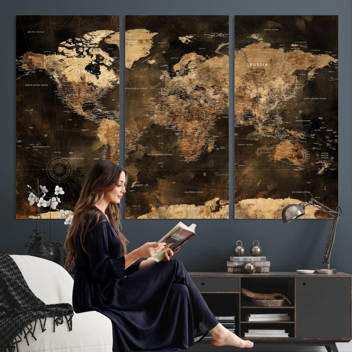 97742922-MGV-CV-36X24 - World Map Canvas Print, Modern Decorative Framed Map Artwork