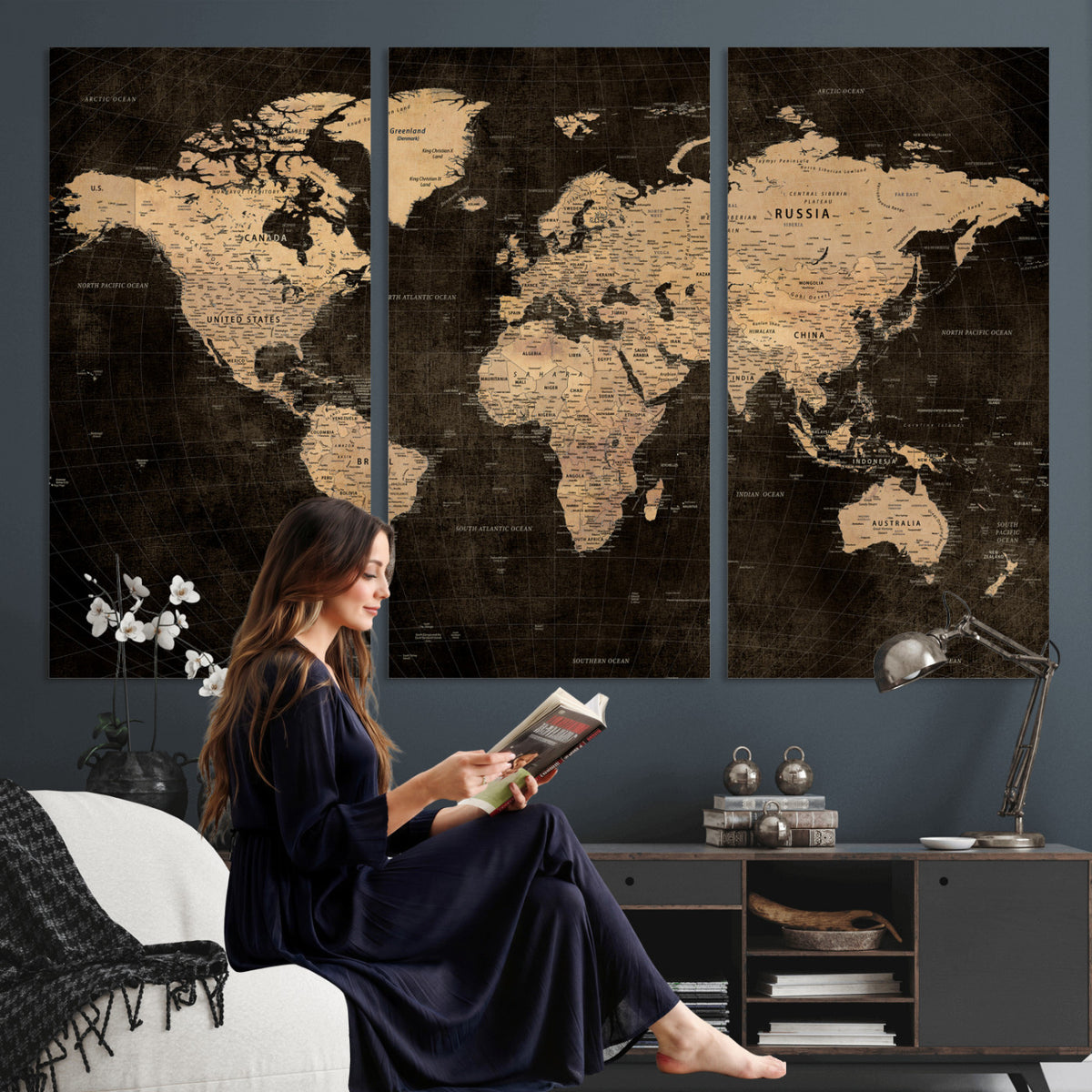 15118265-MGV-CV-36X24 - Brown World Map Canvas Print | Modern Travel Map Wall Art
