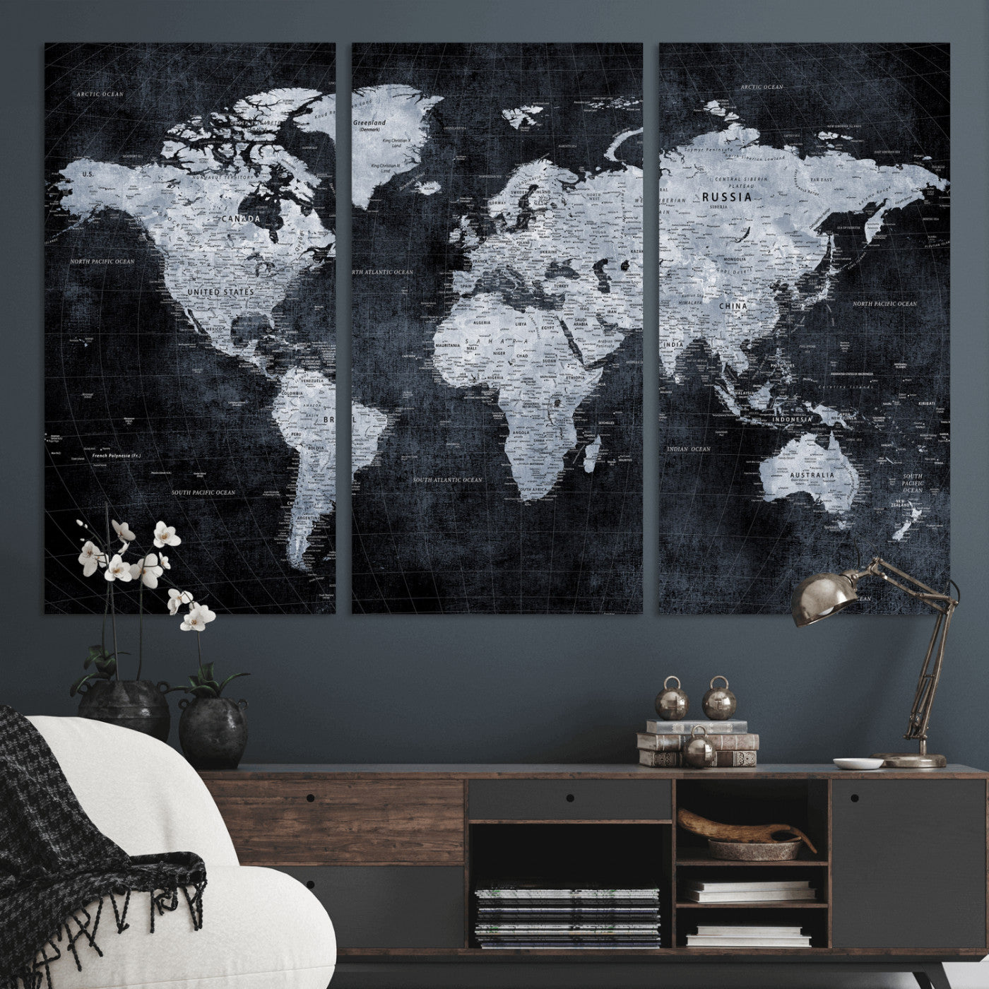 86893704-MGV-CV-36X24 - World Map Wall Art Canvas Print, Modern Decorative Framed Map Artwork Prints for Living Room, Office, Bedroom Wall Decor