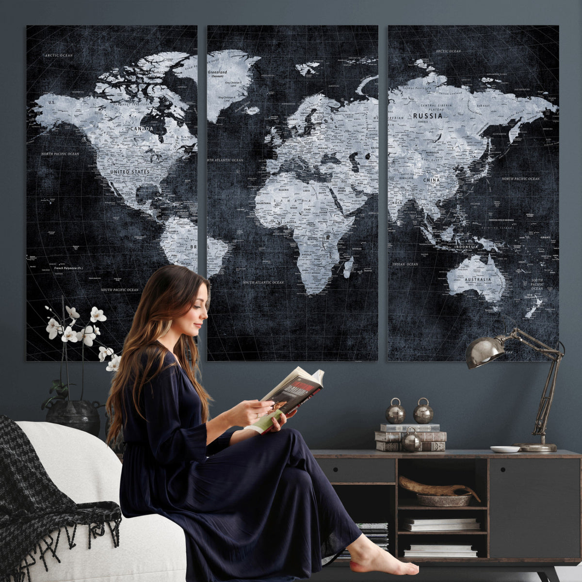 86893704-MGV-CV-36X24 - Black World Map Canvas Print | Detailed Map for Couples and Anniversary Gift