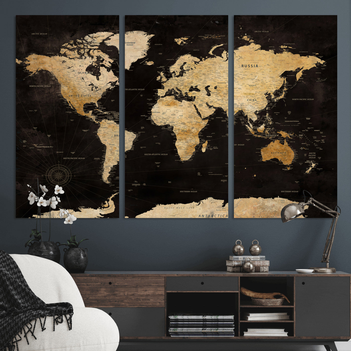 70468159-MGV-CV-36X24 - World Map Wall Art Canvas Print, Modern Decorative Framed Map Artwork Prints for Living Room, Office, Bedroom Wall Decor