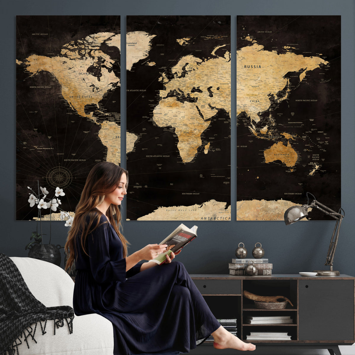 70468159-MGV-CV-36X24 - Extra Large World Map Canvas Print – Detailed Map Classic