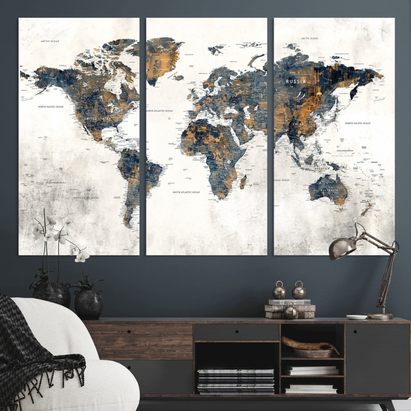 52451147-MGV-CV-36X24 - World Map Wall Art Canvas Print, Modern Decorative Framed Map Artwork Prints for Living Room, Office, Bedroom Wall Decor