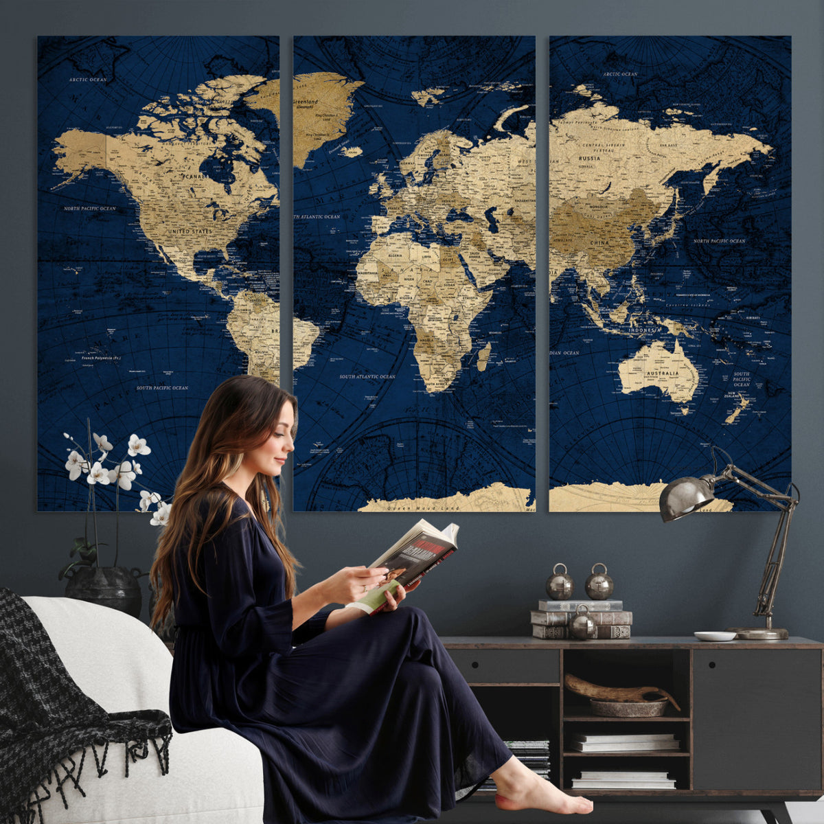 54770746-MGV-CV-36X24 - Navy Blue World Map Canvas Print – Detailed Map Minimal Navy