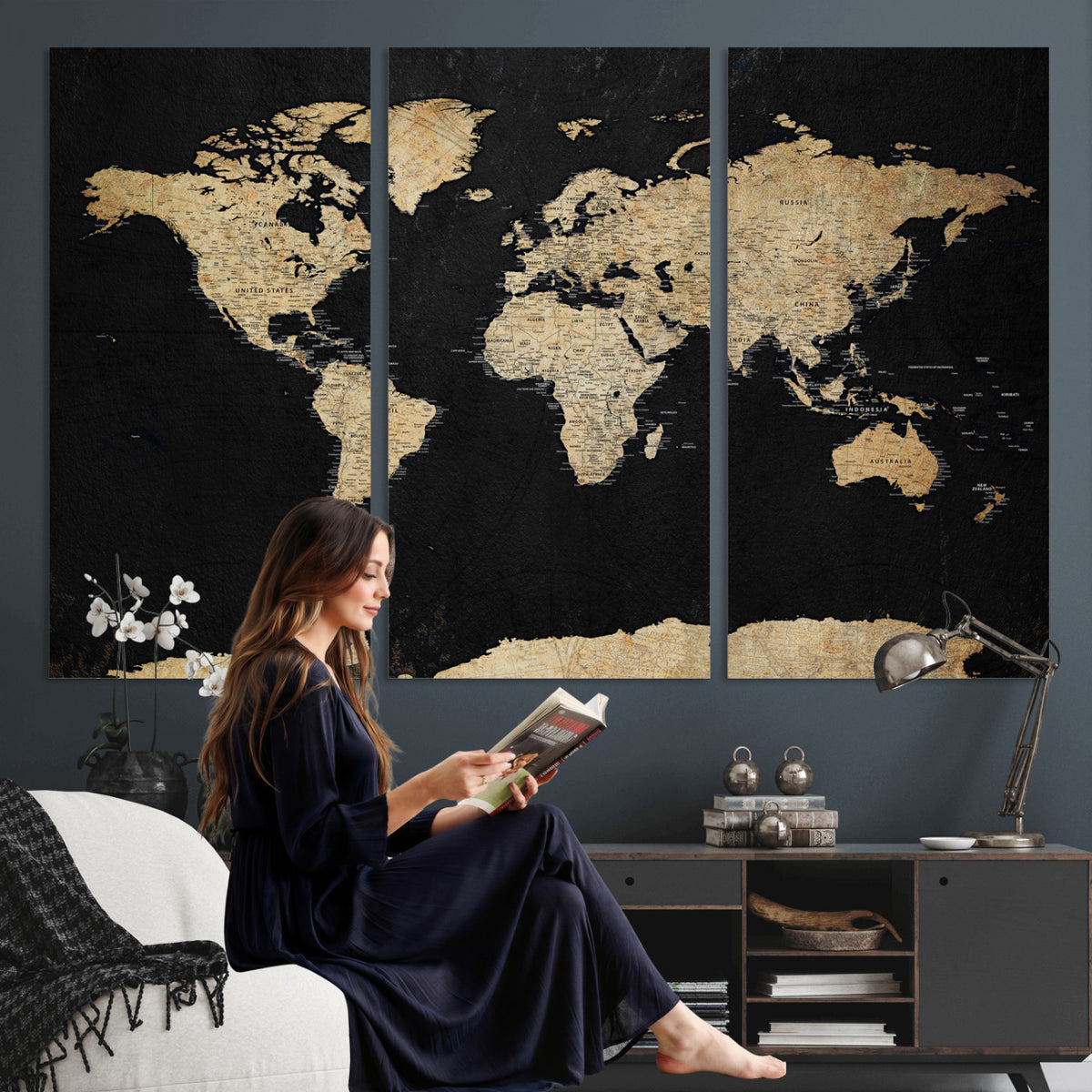 71518849-MGV-CV-36X24 - Beige World Map Canvas Wall Art Print, Minimal Black and
