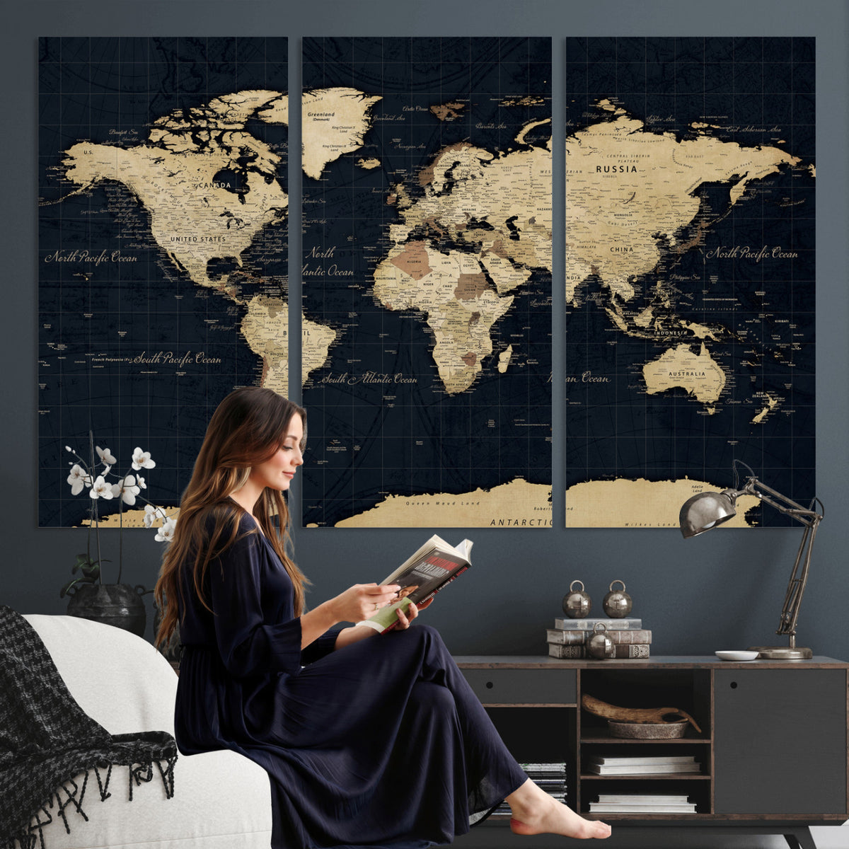 45063434-MGV-CV-36X24 - Dark World Map Canvas Wall Art Print, Minimal Black and Gold Map