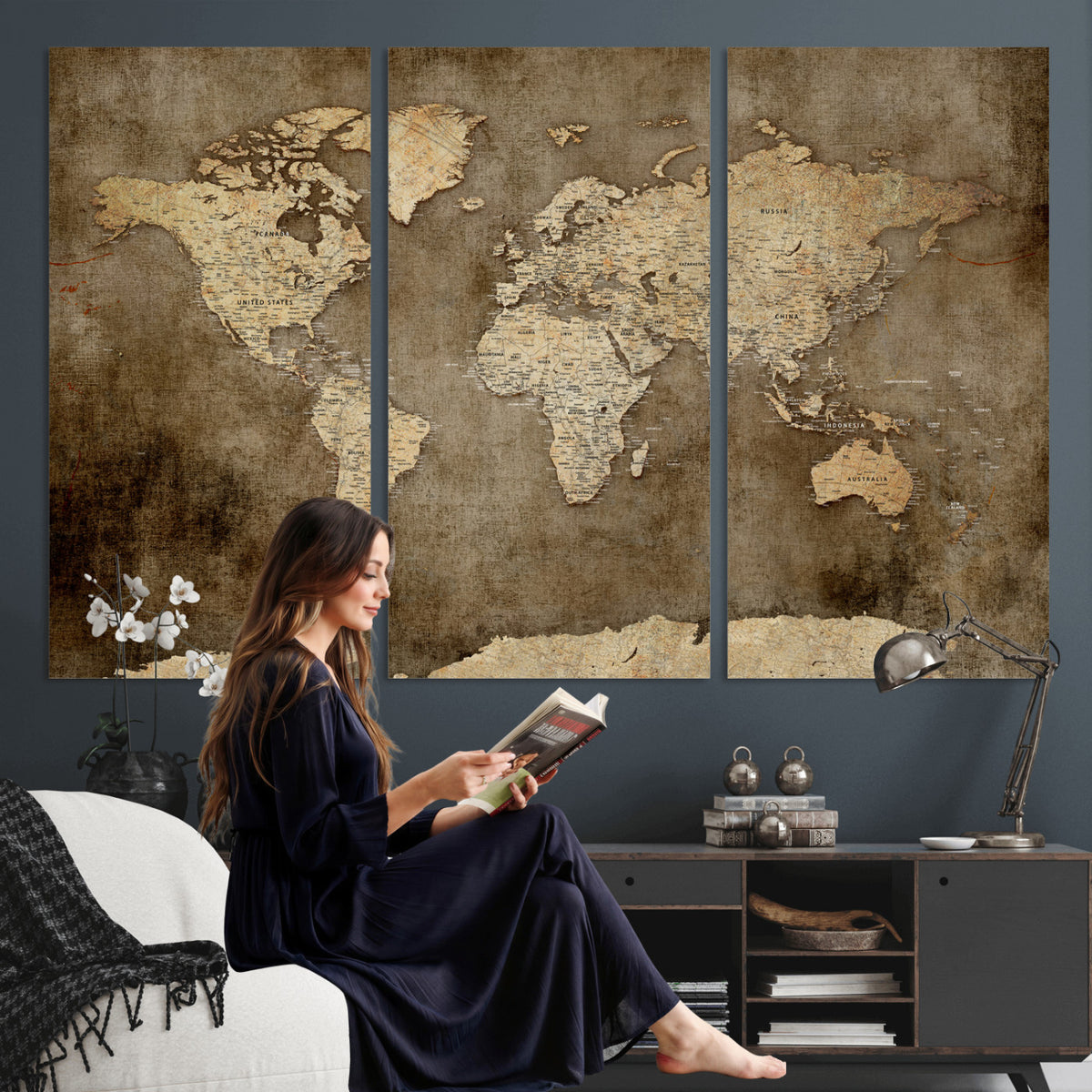 35847542-MGV-CV-36X24 - Dark Vintage World Map Canvas Wall Art Print, Antique Map