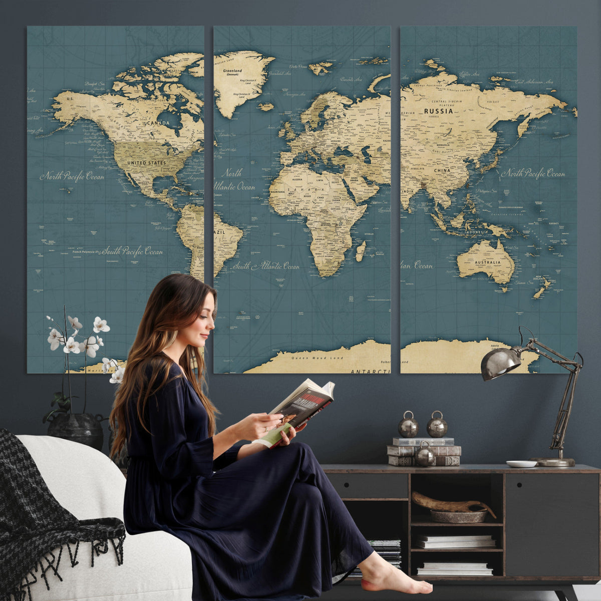 99599383-MGV-CV-36X24 - Minimal Vintage World Map Canvas Wall Art Print, Neutral