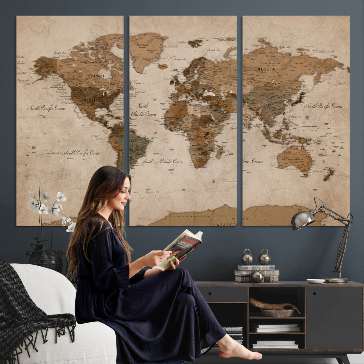 40064188-MGV-CV-36X24 - World Map Wall Art Canvas Print, Modern Decorative Framed Map Artwork Prints for Living Room, Office, Bedroom Wall Decor