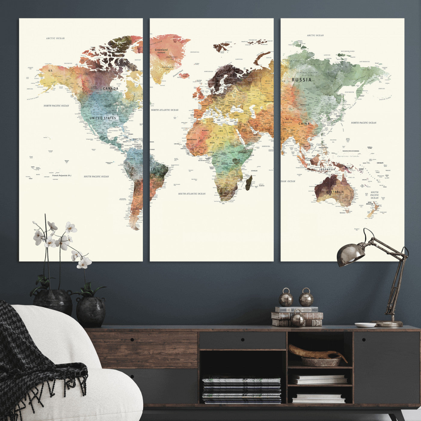 64206059-MGV-CV-36X24 - World Map Wall Art Canvas Print, Modern Decorative Framed Map Artwork Prints for Living Room, Office, Bedroom Wall Decor