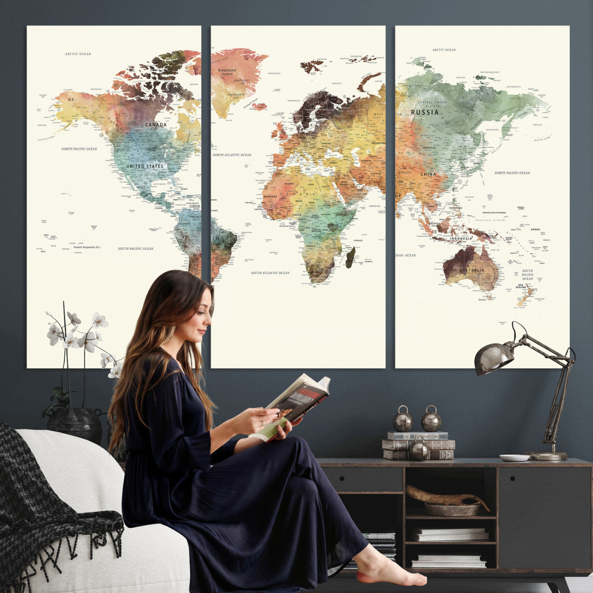 64206059-MGV-CV-36X24 - Framed World Map Wall Art Canvas Print for Living Room and Study Room