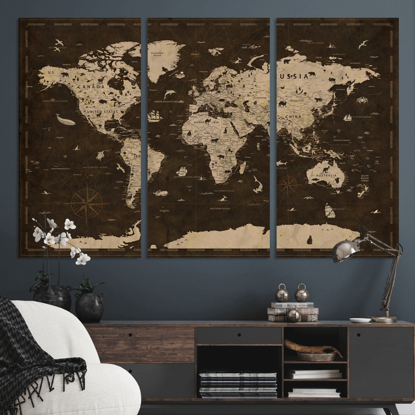 44276398-MGV-CV-36X24 - World Map Wall Art Canvas Print, Modern Decorative Framed Map Artwork Prints for Living Room, Office, Bedroom Wall Decor