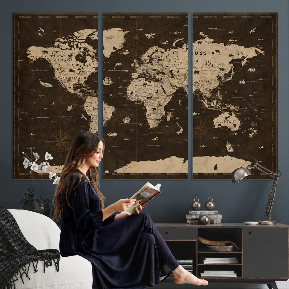 44276398-MGV-CV-36X24 - World Map Wall Art Canvas Print, Modern Decorative Framed Map Artwork Prints for Living Room, Office, Bedroom Wall Decor