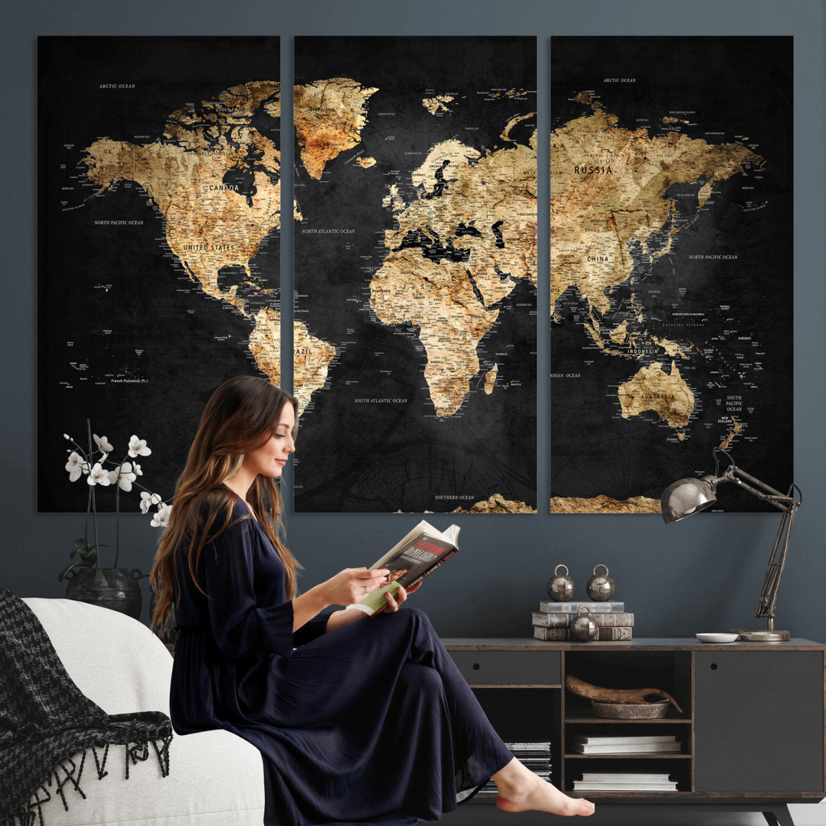 23568589-MGV-CV-36X24 - World Map Wall Art Canvas Print, Modern Decorative Framed Map Artwork Prints for Living Room, Office, Bedroom Wall Decor