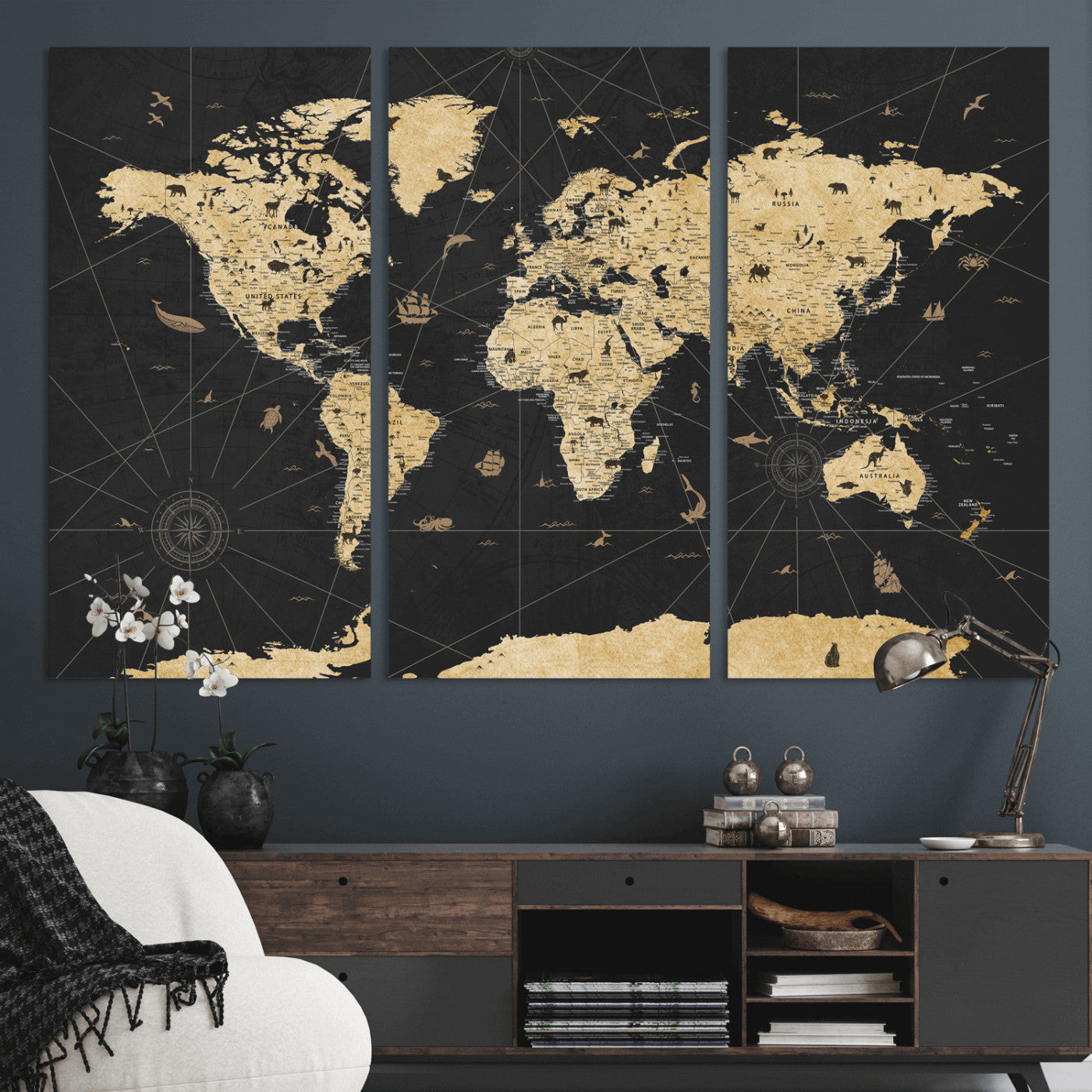 80270976-MGV-CV-36X24 - World Map Wall Art Canvas Print, Modern Decorative Framed Map Artwork Prints for Living Room, Office, Bedroom Wall Decor